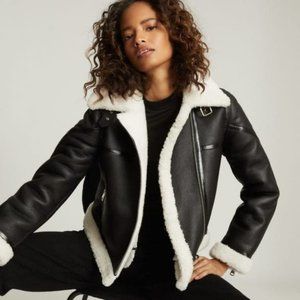 NWT!! Reiss Eve Merino Shearling Aviator Leather Jacket Size Medium